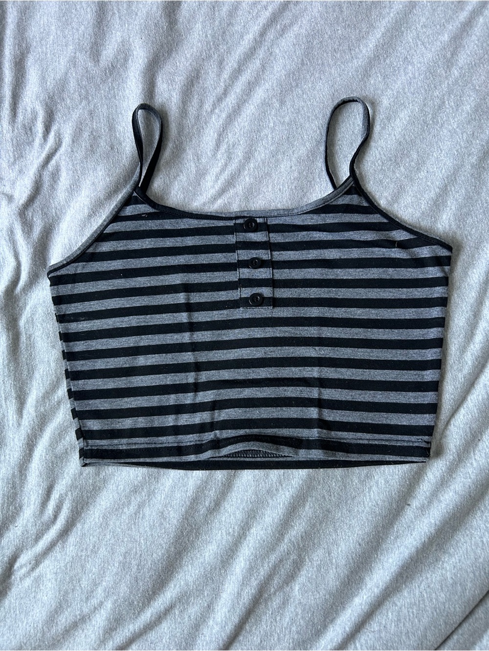 Striped Black and Gray Cropped Tank Top with Button Front